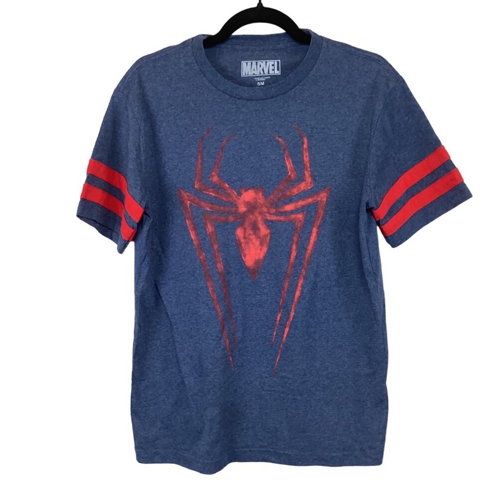 Marvel Spider-Man Graphic‎ Tee Size Small Blue & Red Striped Sleeves